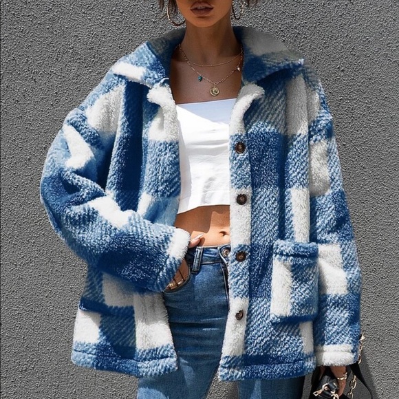 Gingham plaid teddy coat with buttons cozy - Picture 15 of 15